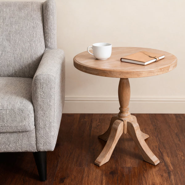 English Elm 23.6'' Round Wooden End Table with Adjustable 24.4/28.4'' Stands, Solid Wood Rustic Beige Accent Table W3426P385596