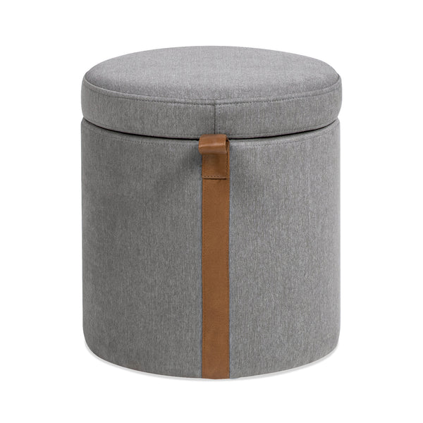 English Elm Jennifer Taylor Home - Brandy Compact 14" Round Upholstered Storage Ottoman with Leather Accent Tab, Linen Neutral Chic Gray B2719P269256