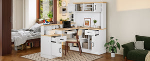 English Elm L-shaped Corner Computer Desk with Built-in Outlets Drawers and Open Shelving Storage W1580S00269