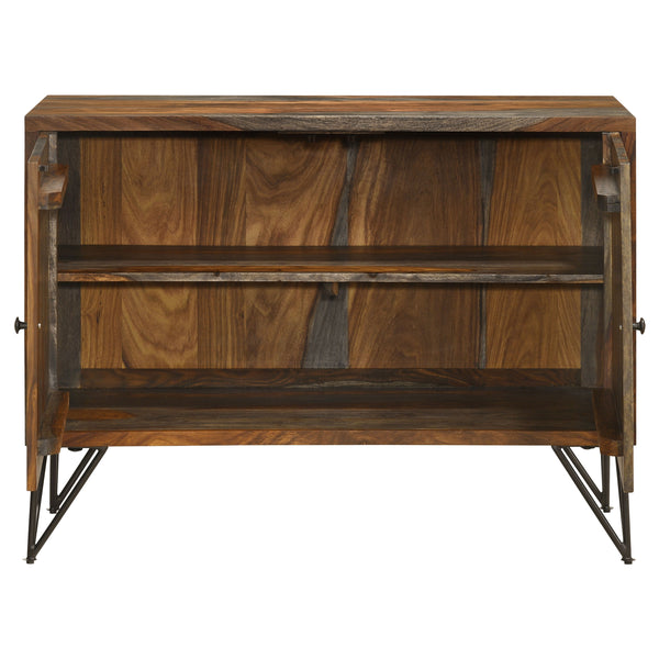 English Elm Komomo Sheesham Grey Buffet Cabinet with 1 Adjustable Shelf, Oatmeal Gold Accents & Dimmer Lighting B062P344888