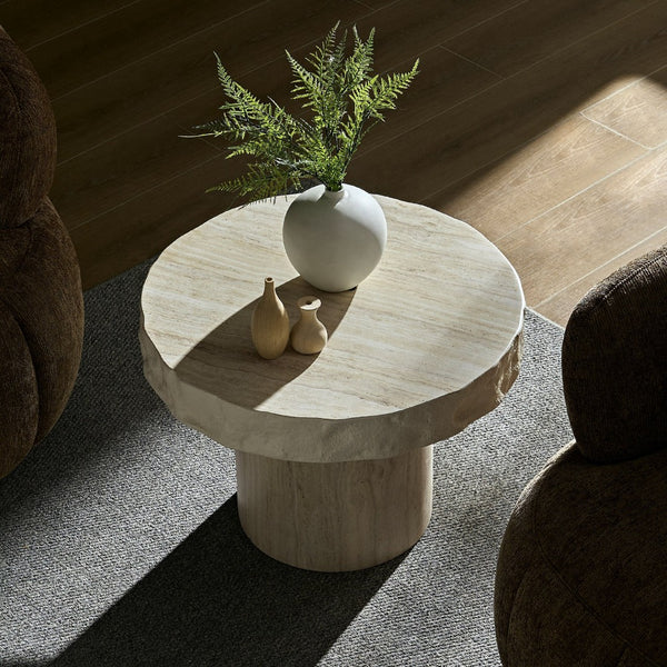 English Elm 23.82 Inch Round Fiberglass Coffee Table Sculptural Stone Texture for Modern Living Rooms W876P450500