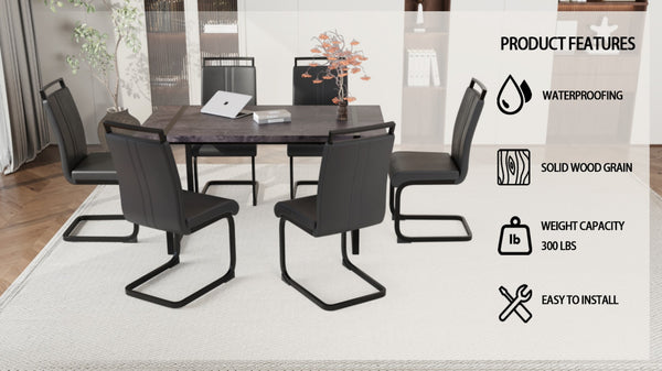 English Elm 59 Inch Industrial Farmhouse Dining Set with Mdf Table and Six Upholstered Chairs Black W2189S00926