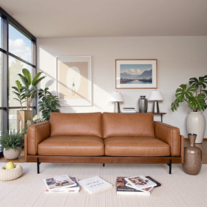English Elm Utica Top-grain Leather Sofa Walnut Frame Feather Cushions Mid-century Living Room B183P423283