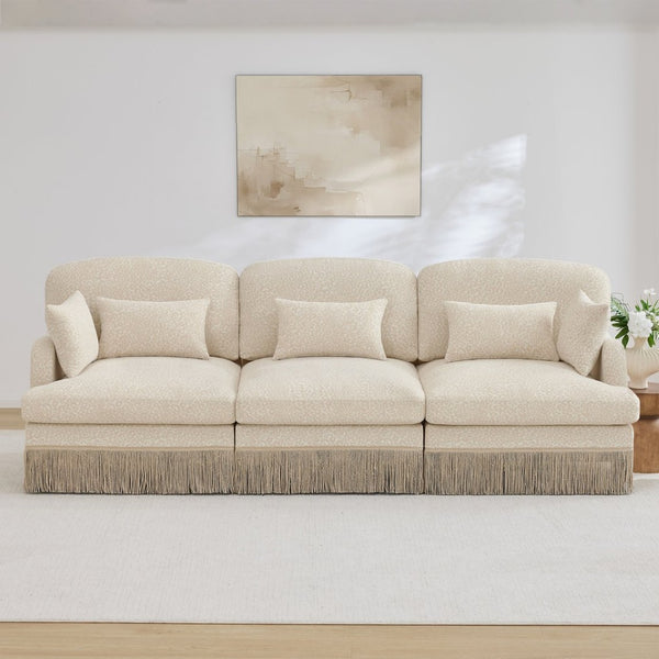 English Elm 100" Leopard Chenille Sectional Sofa with Tassel Trim Deep Seat Modular Living Room Couch Beige W5656S00004