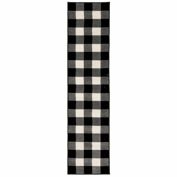 Homeroots 2' X 8' Monochromatic Gingham Pattern Indoor Runner Rug Black,Ivory Polypropylene 388016