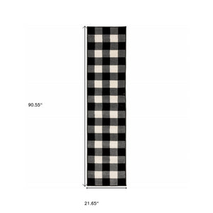 Homeroots 2' X 8' Monochromatic Gingham Pattern Indoor Runner Rug Black,Ivory Polypropylene 388016
