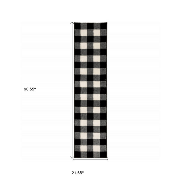 Homeroots 2' X 8' Monochromatic Gingham Pattern Indoor Runner Rug Black,Ivory Polypropylene 388016