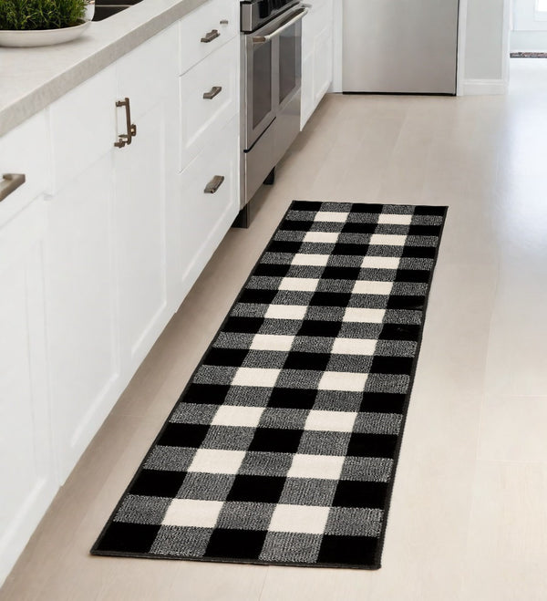 Homeroots 2' X 8' Monochromatic Gingham Pattern Indoor Runner Rug Black,Ivory Polypropylene 388016