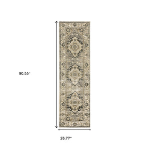 HomeRoots 2' Sophisticated Beige and Gray Traditional Medallion Indoor Runner Rug for Elegant Spaces 2'3" x 7'6" 388024