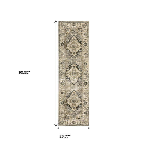 HomeRoots 2' Sophisticated Beige and Gray Traditional Medallion Indoor Runner Rug for Elegant Spaces 2'3" x 7'6" 388024