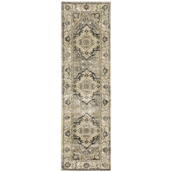 HomeRoots 2' Sophisticated Beige and Gray Traditional Medallion Indoor Runner Rug for Elegant Spaces 2'3" x 7'6" 388024