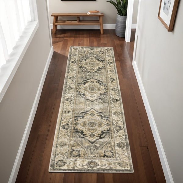 HomeRoots 2' Sophisticated Beige and Gray Traditional Medallion Indoor Runner Rug for Elegant Spaces 2'3" x 7'6" 388024
