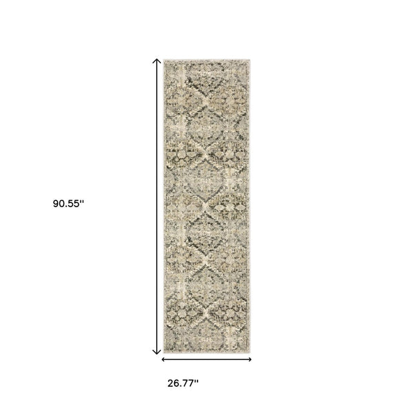 HomeRoots 2' Elegant Ivory and Gray Floral Trellis Indoor Runner Rug for Hallways and Entryways Decor 2'3" x 7'6" 388025