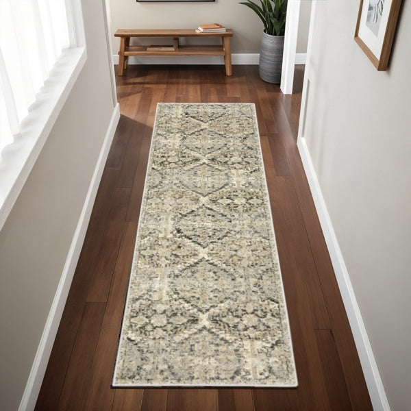 HomeRoots 2' Elegant Ivory and Gray Floral Trellis Indoor Runner Rug for Hallways and Entryways Decor 2'3" x 7'6" 388025