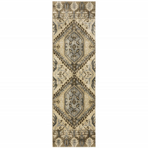 Homeroots 2' X 8' Tan And Gold Central Medallion Indoor Runner Rug  Polypropylene 388026