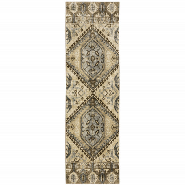 Homeroots 2' X 8' Tan And Gold Central Medallion Indoor Runner Rug  Polypropylene 388026