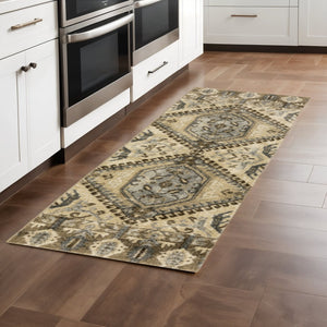 HomeRoots 2' Classic Tan and Gold Medallion Indoor Runner Rug - Durable, Easy-Care, Bohemian Charm for Hallways 2'3" x 7'6" 388026