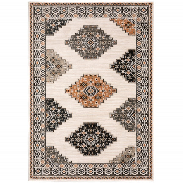 HomeRoots 5' Modern Ivory Gray and Orange Geometric Area Rug – Durable, Stylish, and Stain-Resistant Design 5' X 7' 388030