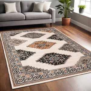 HomeRoots 5' Modern Ivory Gray and Orange Geometric Area Rug – Durable, Stylish, and Stain-Resistant Design 5' X 7' 388030