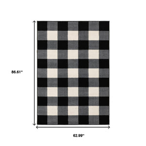 HomeRoots 5' Timeless Black and Ivory Gingham Area Rug - Durable, Easy Care, Perfect for High-Traffic Spaces 5' X 7' 388031