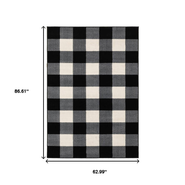 HomeRoots 5' Timeless Black and Ivory Gingham Area Rug - Durable, Easy Care, Perfect for High-Traffic Spaces 5' X 7' 388031