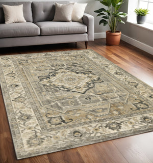 HomeRoots 2' Sophisticated Beige and Gray Traditional Medallion Indoor Runner Rug for Elegant Spaces 5'3" x 7'6" 388039