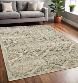 HomeRoots 2' Elegant Ivory and Gray Floral Trellis Indoor Runner Rug for Hallways and Entryways Decor 5'3" x 7'6" 388040