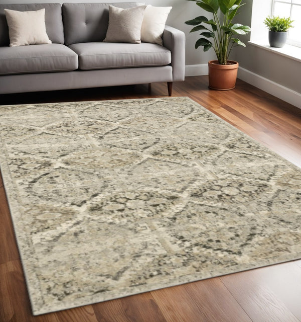 HomeRoots 2' Elegant Ivory and Gray Floral Trellis Indoor Runner Rug for Hallways and Entryways Decor 5'3" x 7'6" 388040