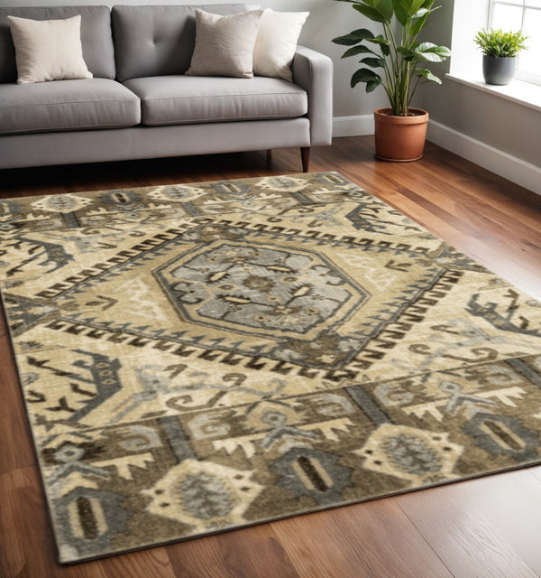 HomeRoots 2' Classic Tan and Gold Medallion Indoor Runner Rug - Durable, Easy-Care, Bohemian Charm for Hallways 5'3" x 7'6" 388041