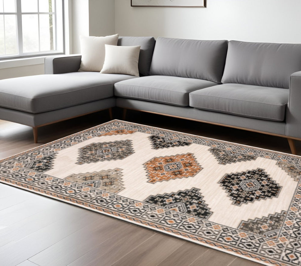 HomeRoots 5' Modern Ivory Gray and Orange Geometric Area Rug – Durable, Stylish, and Stain-Resistant Design 7' X 9' 388042
