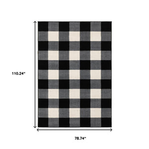 HomeRoots 5' Timeless Black and Ivory Gingham Area Rug - Durable, Easy Care, Perfect for High-Traffic Spaces 7' X 9' 388043