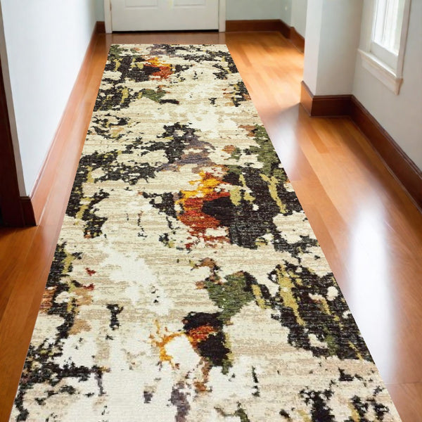HomeRoots 8' Stylish Beige and Black Runner Rug for Hallways, Entryways, and High-Traffic Areas, Durable Nylon 2'6" x 12' 388045