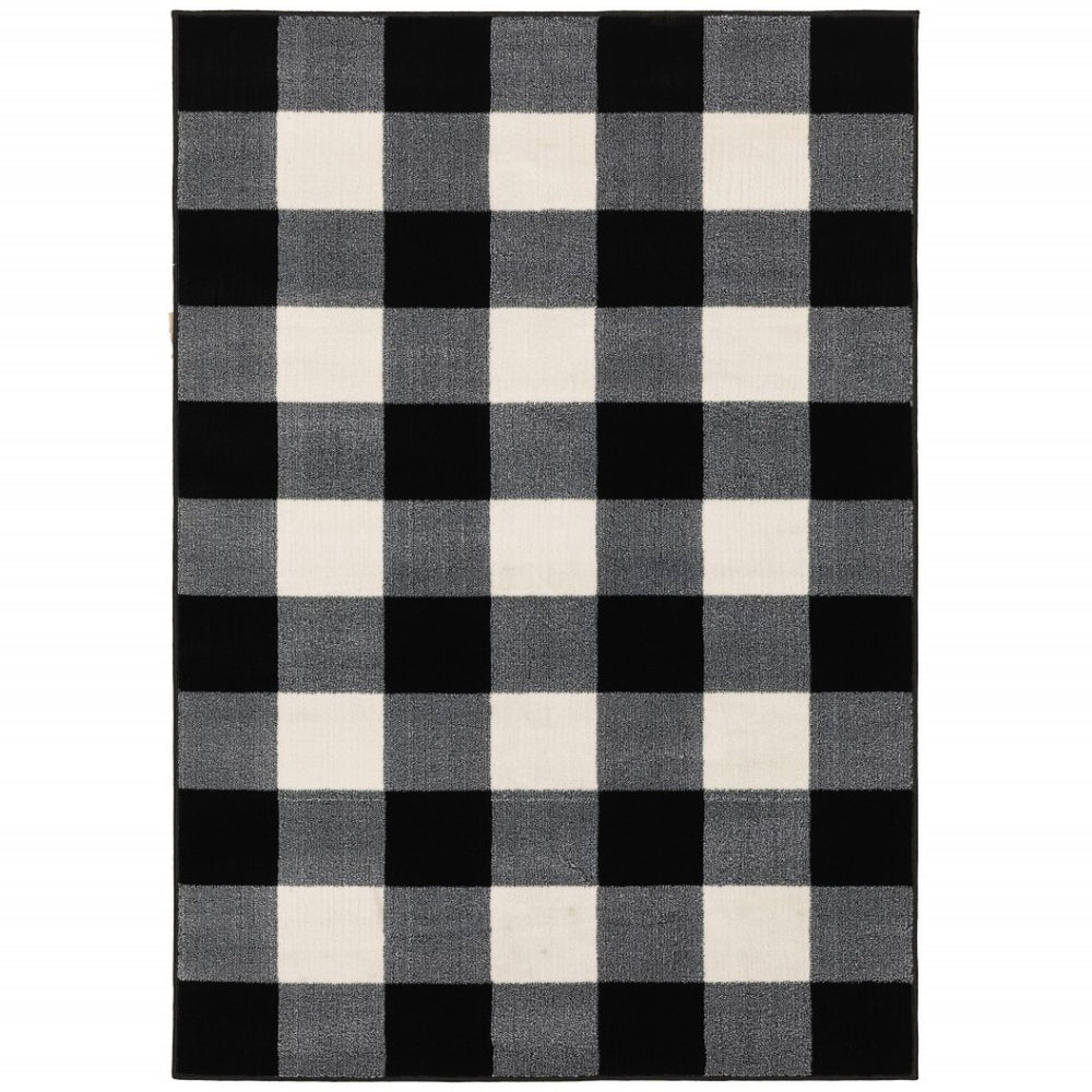 HomeRoots 5' Timeless Black and Ivory Gingham Area Rug - Durable, Easy Care, Perfect for High-Traffic Spaces 8' X 10' 388049