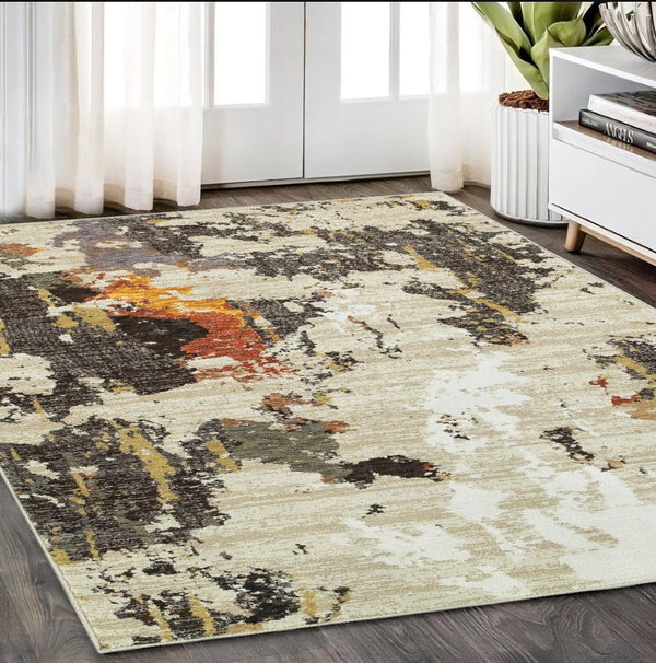 HomeRoots 8' Stylish Beige and Black Runner Rug for Hallways, Entryways, and High-Traffic Areas, Durable Nylon 5'3" x 7'3" 388054