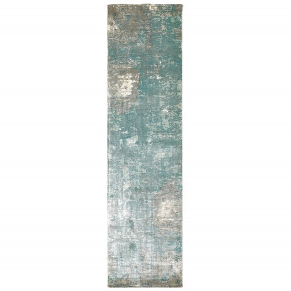 HomeRoots 3' Blue and Gray Abstract Indoor Runner Rug - Hand-Crafted, Soft Viscose, Elegant Contemporary Style 2'6" x 10' 388058