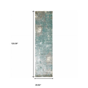 HomeRoots 3' Blue and Gray Abstract Indoor Runner Rug - Hand-Crafted, Soft Viscose, Elegant Contemporary Style 2'6" x 10' 388058
