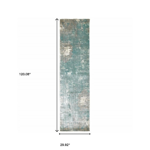 HomeRoots 3' Blue and Gray Abstract Indoor Runner Rug - Hand-Crafted, Soft Viscose, Elegant Contemporary Style 2'6" x 10' 388058