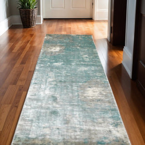 HomeRoots 3' Blue and Gray Abstract Indoor Runner Rug - Hand-Crafted, Soft Viscose, Elegant Contemporary Style 2'6" x 10' 388058