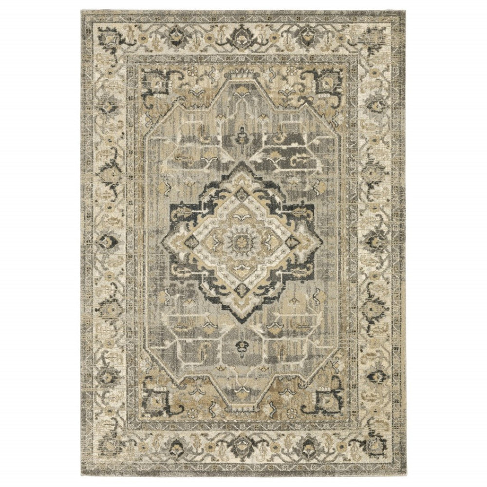HomeRoots 2' Sophisticated Beige and Gray Traditional Medallion Indoor Runner Rug for Elegant Spaces 6'7" x 9'6" 388060