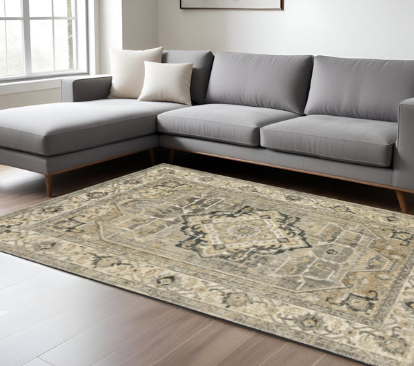 HomeRoots 2' Sophisticated Beige and Gray Traditional Medallion Indoor Runner Rug for Elegant Spaces 6'7" x 9'6" 388060
