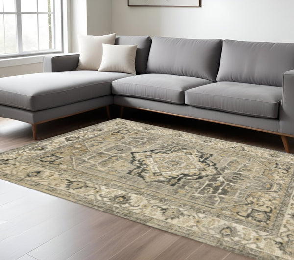 HomeRoots 2' Sophisticated Beige and Gray Traditional Medallion Indoor Runner Rug for Elegant Spaces 7'10" x 10'10" 388066