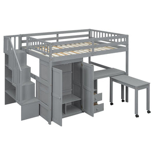 English Elm Queen Murphy Bed with Integrated Desk Cabinet Shelves Space Saving Studio Solution Gray N708S00014E