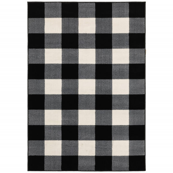 HomeRoots 5' Timeless Black and Ivory Gingham Area Rug - Durable, Easy Care, Perfect for High-Traffic Spaces 10' X 13' 388070