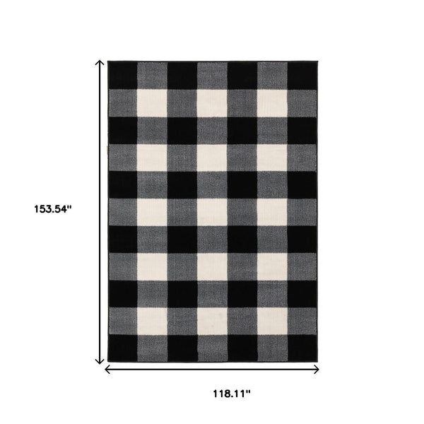 HomeRoots 5' Timeless Black and Ivory Gingham Area Rug - Durable, Easy Care, Perfect for High-Traffic Spaces 10' X 13' 388070
