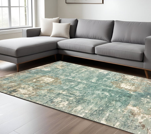 HomeRoots 3' Blue and Gray Abstract Indoor Runner Rug - Hand-Crafted, Soft Viscose, Elegant Contemporary Style 6' x 9' 388085
