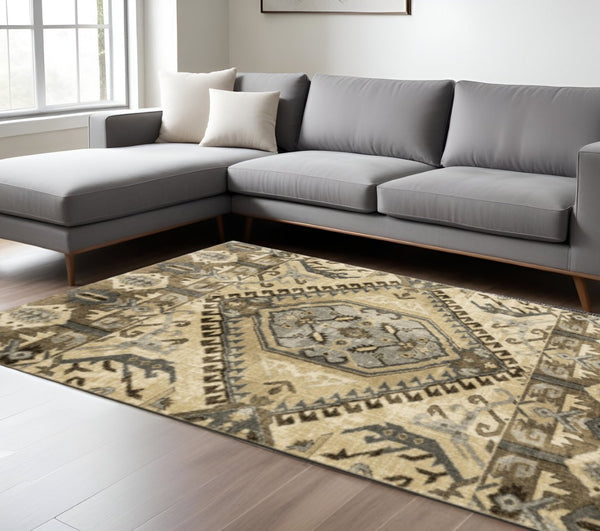 HomeRoots 2' Classic Tan and Gold Medallion Indoor Runner Rug - Durable, Easy-Care, Bohemian Charm for Hallways 9'10" x 12'10" 388089