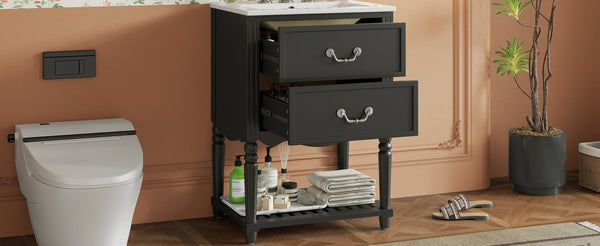 English Elm 24'' Vintage Bathroom Vanity with Ceramic Sink Soft Close Drawers Open Shelf Black N710P411237B