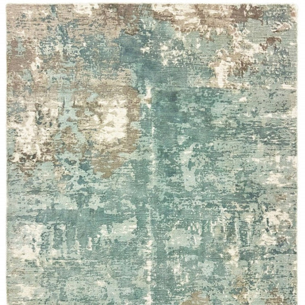 HomeRoots 3' Blue and Gray Abstract Indoor Runner Rug - Hand-Crafted, Soft Viscose, Elegant Contemporary Style 10' x 14' 388103
