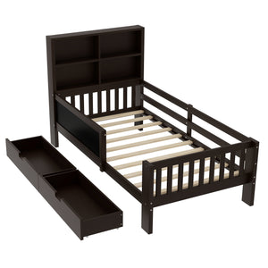 English Elm Twin Chalkboard Platform Bed with Drawers & Shelves, Solid Wood Kids Bed with Storage and Creative Headboard Espresso W1580P362705
