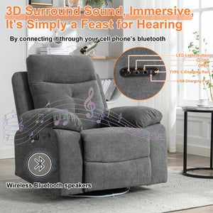 English Elm Power Recliner Glider Chair with Bluetooth Speaker, 270° Swivel, LED Light, USB & Type-C Ports, Storage Pockets, Button Controls W1203P173383